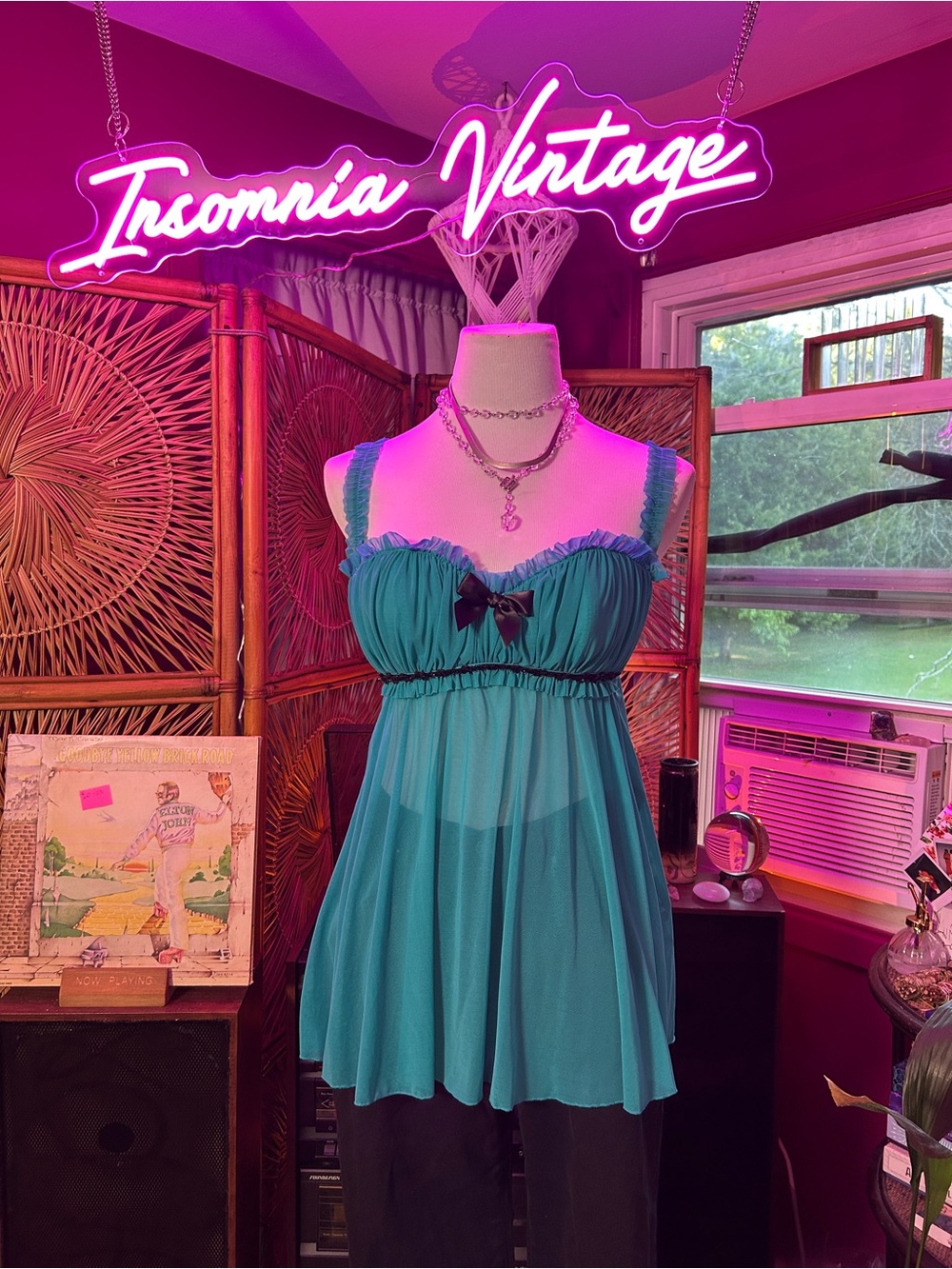 Frederick's of Hollywood Y2K Teal Sheer Babydoll with Black Bow